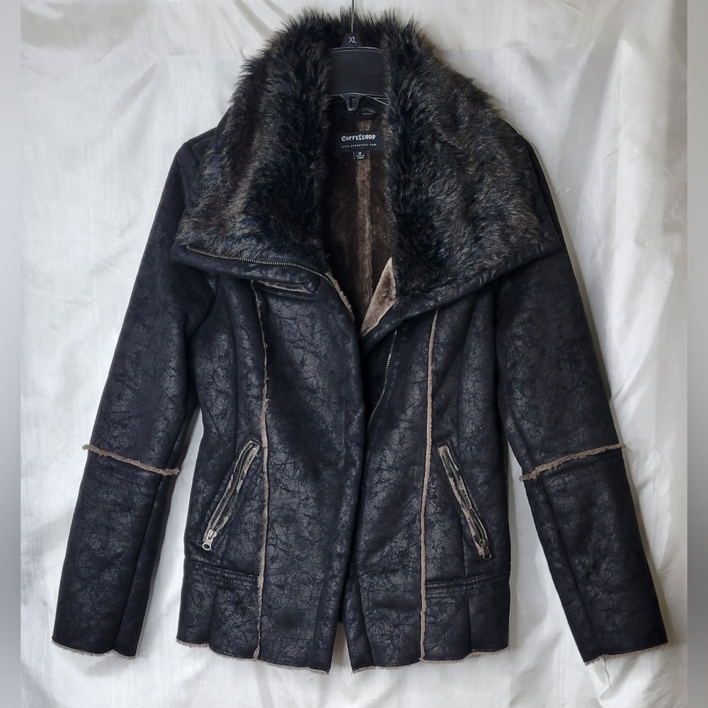 Coffeeshop distressed asymmetrical zipper jacket